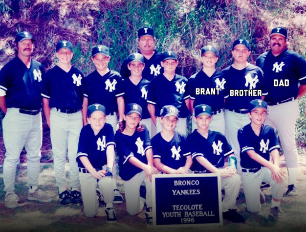 Tecolote Youth Baseball Bronco Yankees team photo from 1996, with Brant, his brother, and his dad labeled