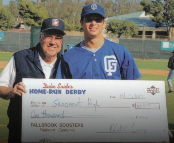 Brant in his Grossmont uniform with Duke Snider, holding the $1,000 Duke Snider Home Run Derby check made out to Grossmont High