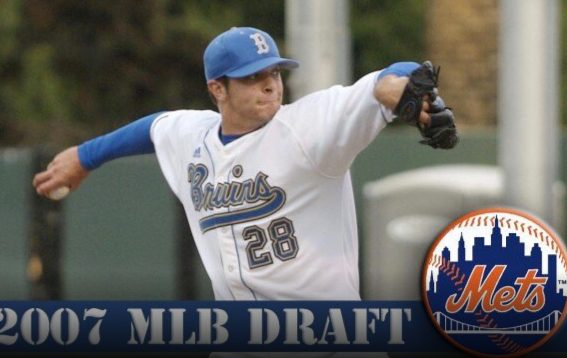 Brant pitching for UCLA in a 2007 MLB Draft graphic with the Mets logo