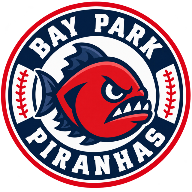 Bay Park Piranhas primary logo: an angry red piranha inside a navy and red circular badge