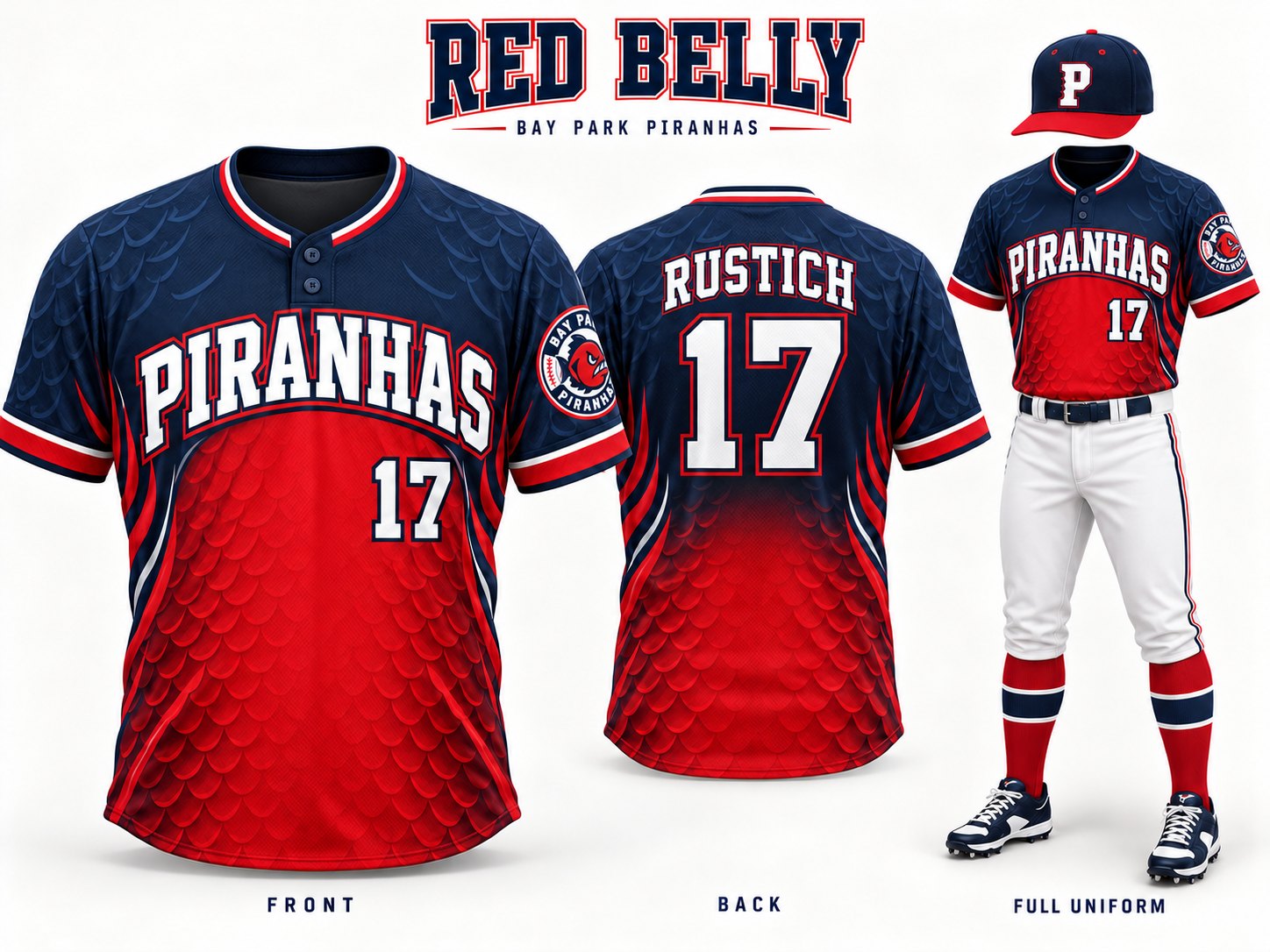 The Red Belly alternate sublimated jersey: front with PIRANHAS and 17, back with RUSTICH and 17, and the full uniform with a P cap, white pants and red socks