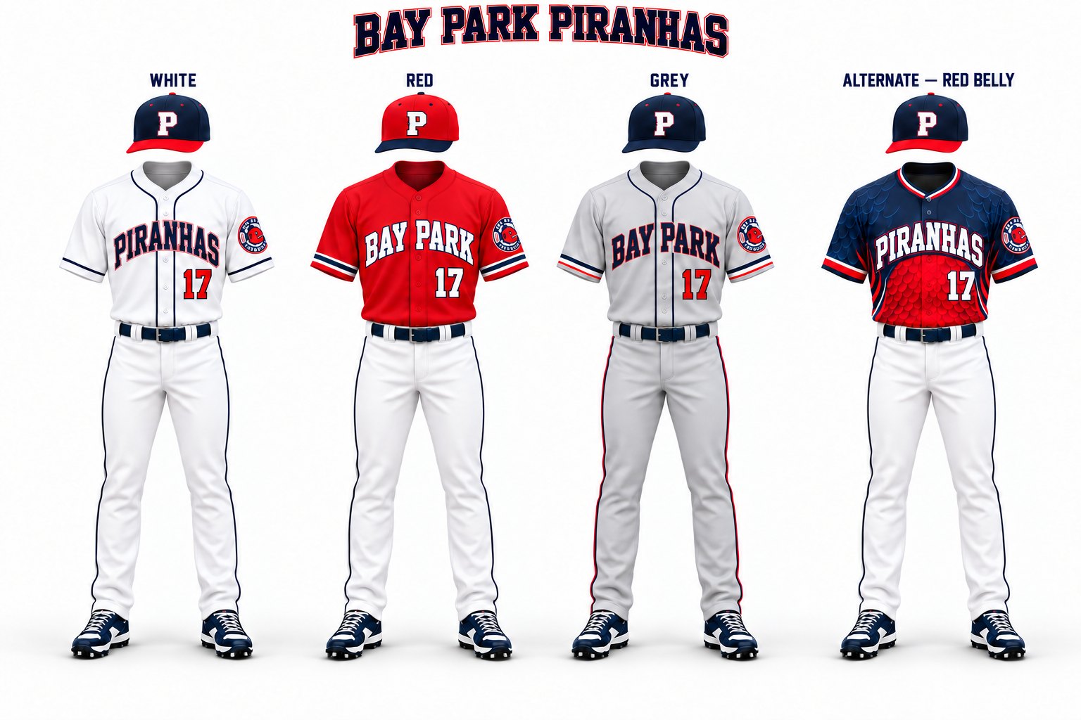 2026 Bay Park Piranhas uniform lineup, pants down: white, red, grey, and the Red Belly alternate, each with a P cap and number 17